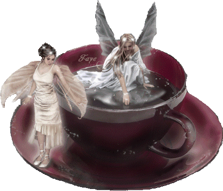 Two fairies with wings bathing in a cup of coffee.