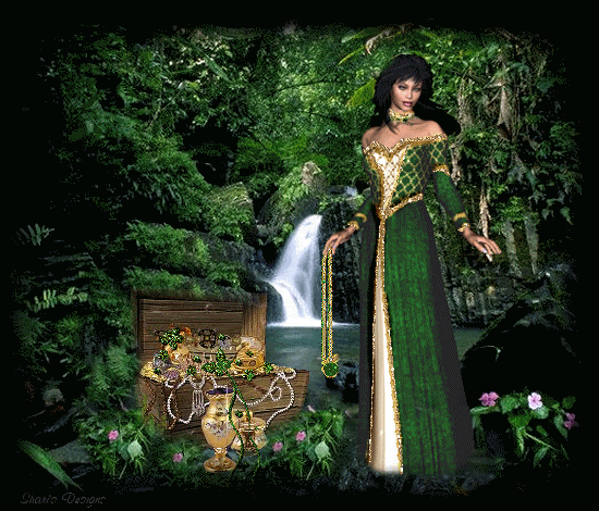 a woman in a green sparkly dress and a treasure chest