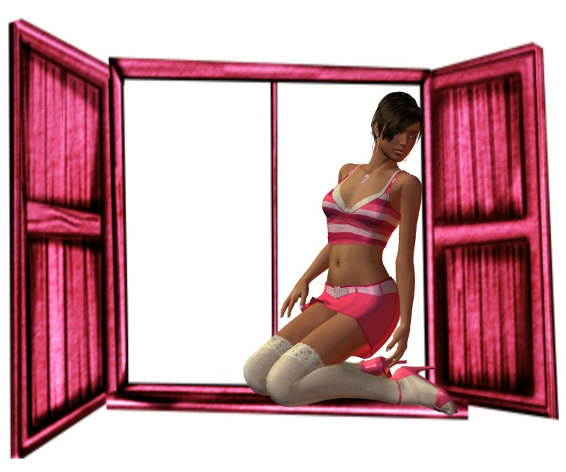 Woman kneels in the window