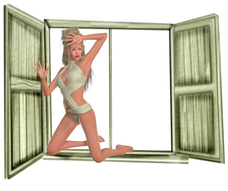 Woman kneels in the window