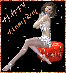 Glitter dressed woman on stool with sparkles saying Happy Hump day
