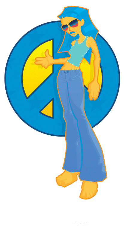 hippie chick cartoon girl and peace signs
