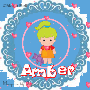 Amber text with girl with hearts