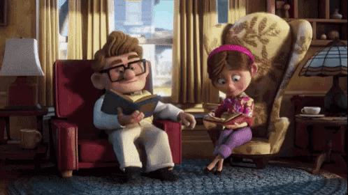animated old couple holding hands reading books