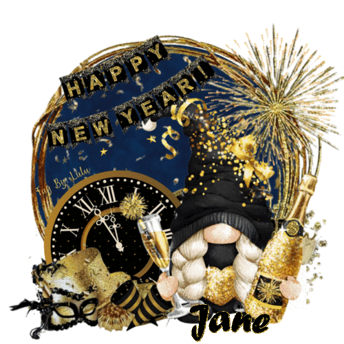 Jane - Happy New Year Cute Gnome Fireworks Clock Midnight New Years