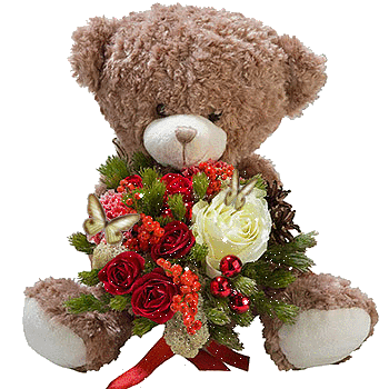 teddy bear holding bouquet