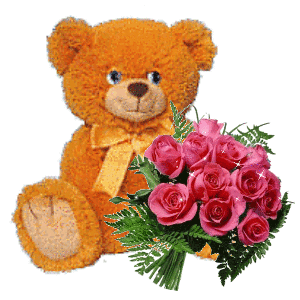 teddy bear holding rose bouquet