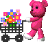 pink teddy bear walking with flowers