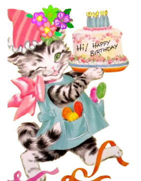 cat carrying birthday cake